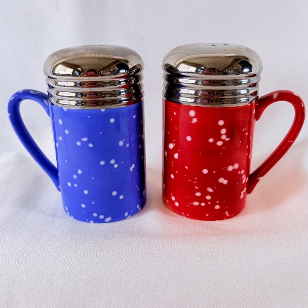Hallmark Salt and Pepper Shakers Red Blue Speckled Mug Style Retro Kitchenware